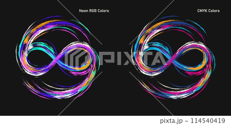 Infinity sign drawn with neon splatter paint 114540419