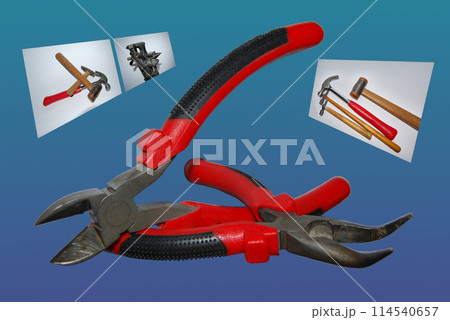 Wire cutters and pliers with red handles.Hammers and vise are in the background. 114540657