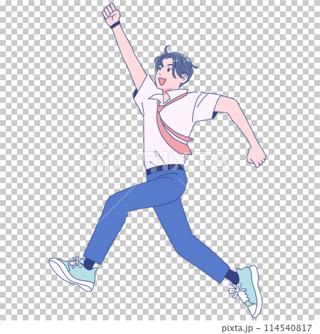 A male student in a summer uniform jumping energetically A male student in a summer uniform jumping energetically 114540817