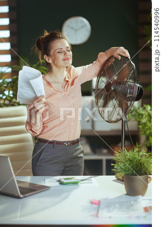 happy modern accountant woman at work with documents 114540996