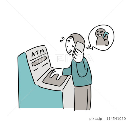 通話しながらATMを操作するシニア男性のイラスト 通話しながらATMを操作するシニア男性のイラスト 114541030