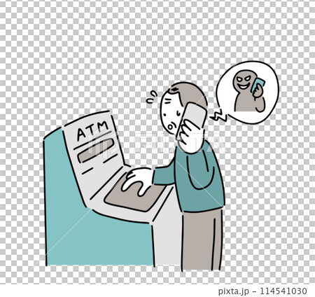 通話しながらATMを操作するシニア男性のイラスト 通話しながらATMを操作するシニア男性のイラスト 114541030