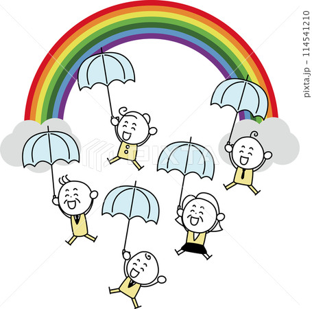 大きな虹と傘をさしている笑顔の人々 114541210