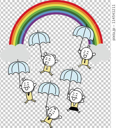 大彩虹和微笑的人們撐著雨傘 大彩虹和微笑的人們撐著雨傘 114541211