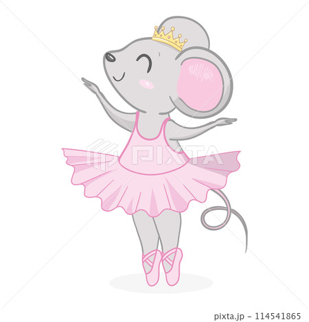 Hand drawn beautiful, lovely, little mouse ballerina girl with crown on her head. 114541865