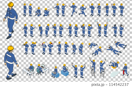 Isometric people illustration: worker outline in work clothes and helmet Isometric people illustration: worker outline in work clothes and helmet 114542237