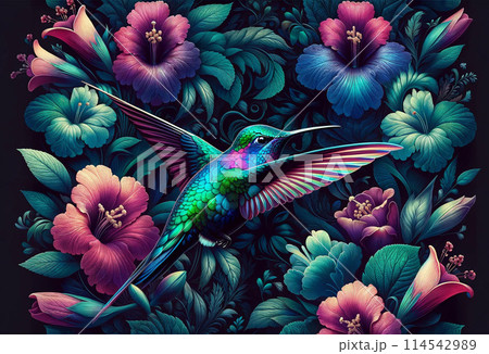 色鮮やかな花々に囲まれる虹色のハチドリ 色鮮やかな花々に囲まれる虹色のハチドリ 114542989