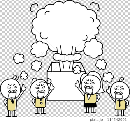 Angry people in front of a big box spewing smoke Angry people in front of a big box spewing smoke 114542991