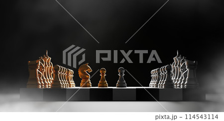 Gold and silver chess pieces on black background with smoke 3D render 114543114