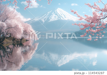 Japanese cherry blossoms bloom on the edge of a serene lake, with the iconic Mount Fuji towering in the background. 114543287