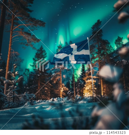 Swedish flag waving in the snow under the mesmerizing aurora borealis. 114543323