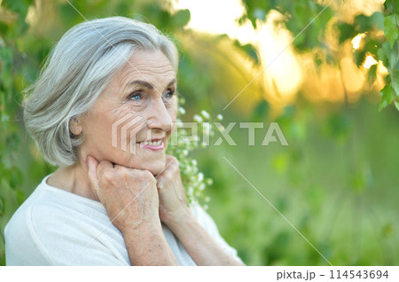 Nice old woman on the green leaves background Nice old woman on the green leaves background 114543694