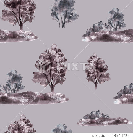 Landscape with field, meadow, bushes, trees, hills seamless pattern Watercolor monochromatic vintage rural nature clipart for packaging, wallpaper label Hand draw illustration Isolated grey background 114543729