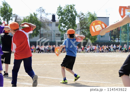 小学校の運動会　はねこ踊りを披露する生徒 114543922