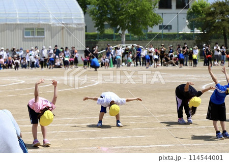 小学校の運動会で踊る子供達と周りで見守る保護者 114544001