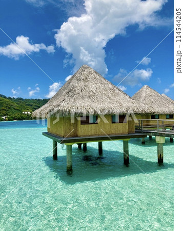 タヒチ ボラボラ島の水上ヴィラと海 114544205