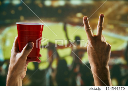Sport fans raising hands to support favorite football team. Gathering at stadium to watch competition, drinking beer and shouting 114544270