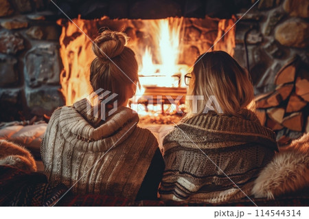 Sharing heat and art in a dark room by the fireplace Sharing heat and art in a dark room by the fireplace 114544314