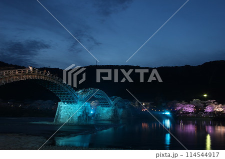 『錦帯橋と夜桜』桜 ライトアップ 山口県岩国 夜サクラ　 #日本観光　Kintai Bridge 　 114544917