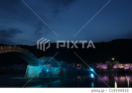 『錦帯橋と夜桜』桜 ライトアップ 山口県岩国 夜サクラ　 #日本観光　Kintai Bridge 　 114544918