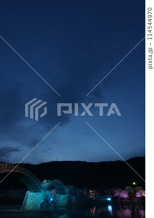 『錦帯橋と夜桜』桜 ライトアップ 山口県岩国 夜サクラ　 #日本観光　Kintai Bridge 　 114544970