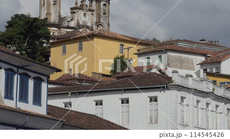 Aerial Ascent to Baroque Church Spire in Ouro Preto, Brazil 114545426