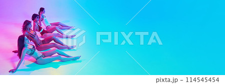 Banner. Relaxed and stylish dressed in bikini woman in neon light against vibrant gradient background with negative space for text. Banner. Relaxed and stylish dressed in bikini woman in neon light against vibrant gradient background with negative space for text. 114545454