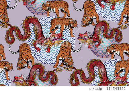 Dragons, tigers and pines. Seamless pattern with Chinese motifs. Suitable for fabric, wrapping paper and the like 114545522