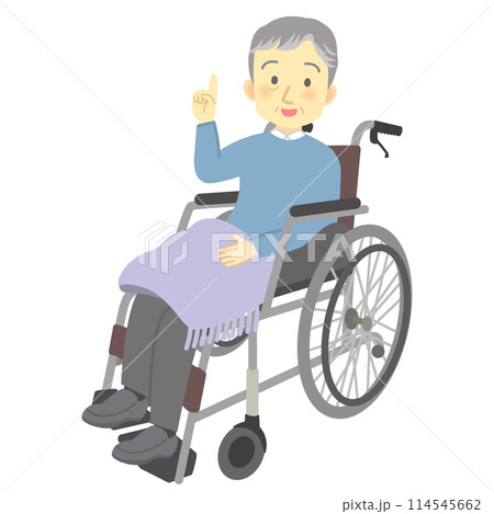 人差し指を立てるポーズをする車いすに乗った笑顔のおじいさん（全身）介護、看護、デイサービス 114545662