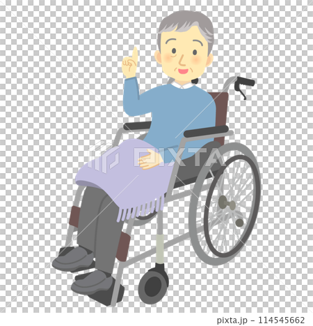 人差し指を立てるポーズをする車いすに乗った笑顔のおじいさん（全身）介護、看護、デイサービス 114545662