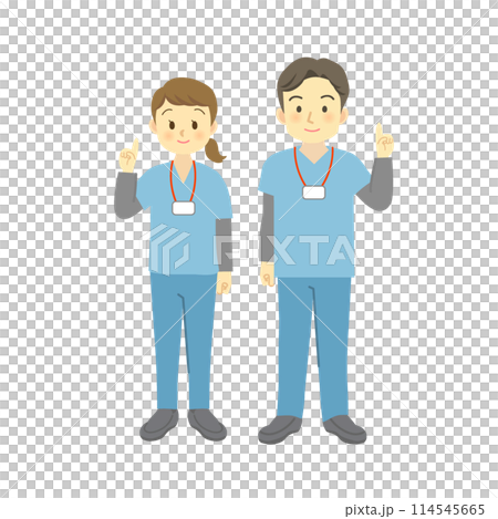 身穿藍色手術服的男女醫護人員舉起食指擺姿勢（面向前方，滿臉微笑） 114545665