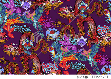 Pattern of asian dragon and flowers. Suitable for fabric, wrapping paper and the like 114545721