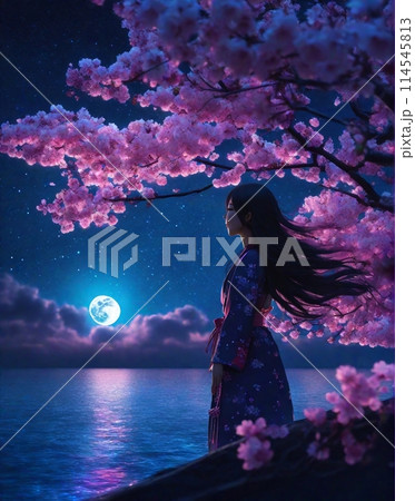 女性と桜「AI生成画像」桜と夜空 #SAKURA #AI #生成画像 114545813