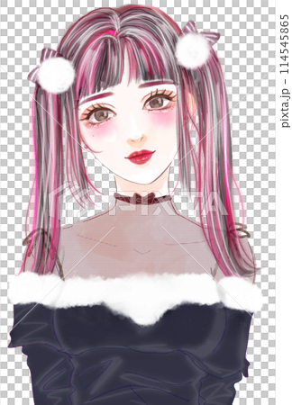 礦井風格時裝模特兒風格粉紅色頭髮和雙馬尾的女性插畫 礦井風格時裝模特兒風格粉紅色頭髮和雙馬尾的女性插畫 114545865
