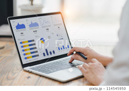 Professional analyzing financial data graphs, charts on laptop display at a modern workspace. Financial analysis or business evaluation concept 114545950