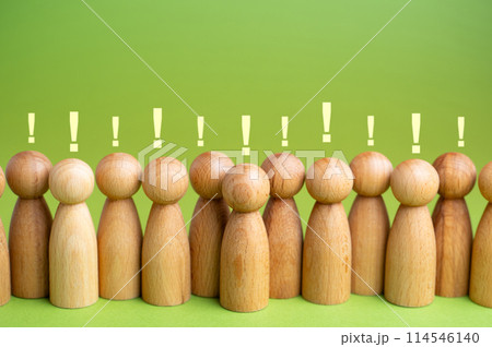 A crowd of people and exclamation signs overhead. Stress and exhaustion of team members from hard work. Risk management and stress tolerance. Burnout, moral decline. Strictest discipline. 114546140