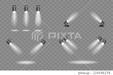 Spotlight lighting. Light source studio lighting walls spotlight. Light beams light effect. Vector 114546179