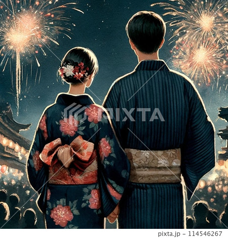 浴衣姿で花火を見つめるカップルNo.2　花火大会　夏の思い出【AI生成画像】 114546267