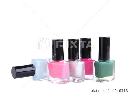 Group of bright nail polishes isolated on white 114546318