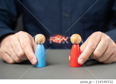 Conflict between people. Managed conflict and confrontation. Search for a compromise. Dispute resolution of opposing sides. Mediation of conflicting parties. 114546532