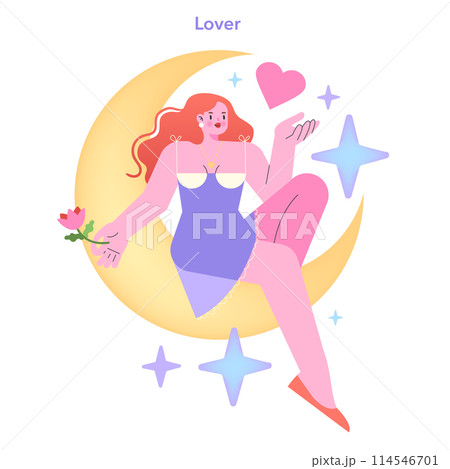Lover Archetype illustration. A romantic figure holding a heart, symbolizing affection and desire. Captivating and elegant vector design. 114546701