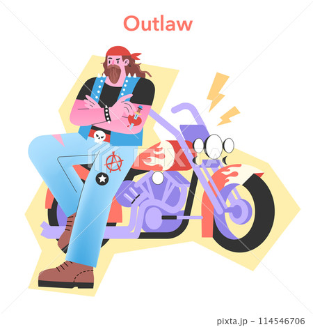 Outlaw Archetype illustration. A rebellious biker exudes freedom and nonconformity, with a thunderous motorcycle backdrop. Edgy and bold vector design. 114546706