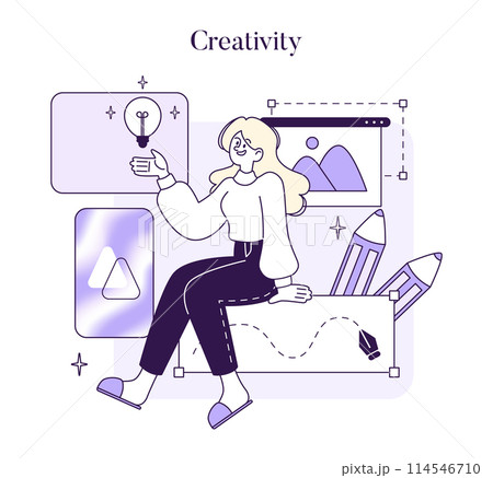 Creativity concept. A cheerful woman engages with digital art tools, her creativity flowing into vibrant illustrations, embodying artistic expression. Vector illustration Creativity concept. A cheerful woman engages with digital art tools, her creativity flowing into vibrant illustrations, embodying artistic expression. Vector illustration 114546710