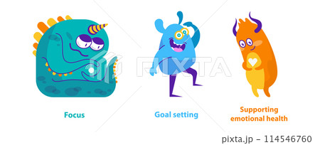 Monster helpers set. Colorful creatures represent focus, goal setting, and emotional support concepts. Fun and engaging personal development mascots. Vector illustration. Monster helpers set. Colorful creatures represent focus, goal setting, and emotional support concepts. Fun and engaging personal development mascots. Vector illustration. 114546760