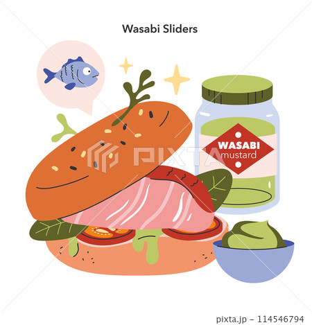 Wasabi Sliders concept. Fusion cuisine featuring a fish slider with wasabi mustard, blending diverse culinary traditions. Asian influence on global food trends. Vector illustration. 114546794