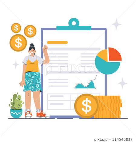 Financial Statement concept. Confident woman presents data alongside floating coins, a pie chart, and a growth curve. Showcasing profit analysis and fiscal reports. Flat vector illustration Financial Statement concept. Confident woman presents data alongside floating coins, a pie chart, and a growth curve. Showcasing profit analysis and fiscal reports. Flat vector illustration 114546837