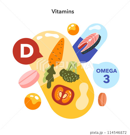 Vitamin D and Omega 3 concept. Nutritious foods and supplements for health. Essential nutrients for a balanced diet. Vector illustration. 114546872