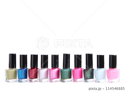 Group of bright nail polishes isolated on white 114546885