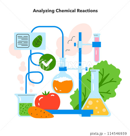 Flavor Reversal concept. Illustration of lab equipment analyzing taste profiles of fruits and vegetables. Food science experimentation. Vector illustration. 114546939