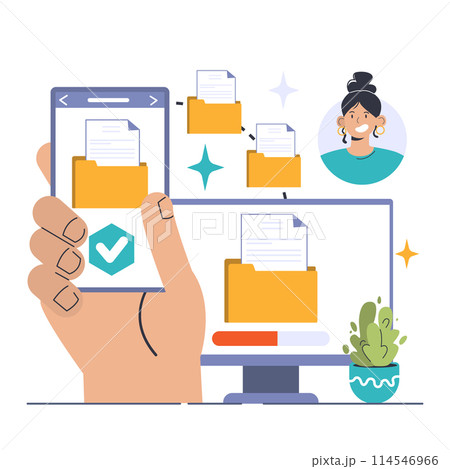 File Sharing concept. Hand holding a phone with transferred documents, woman's portrait signifies collaboration, data distribution and synchronization on devices. Digital teamwork made easy 114546966